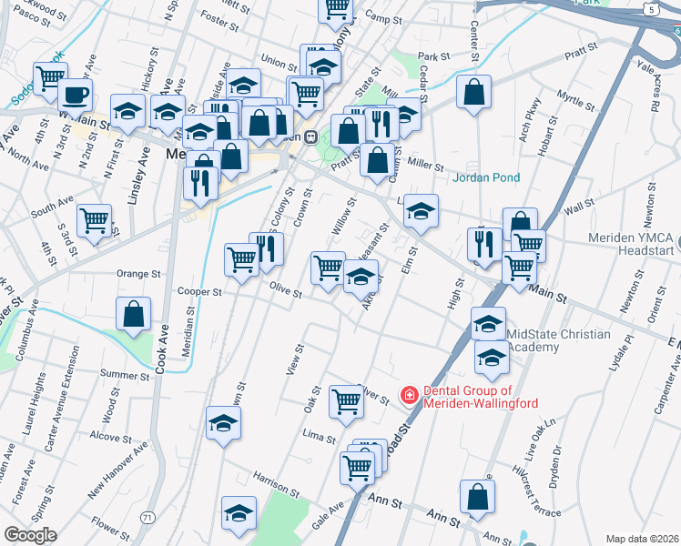 map of restaurants, bars, coffee shops, grocery stores, and more near 25 Prince Street in Meriden