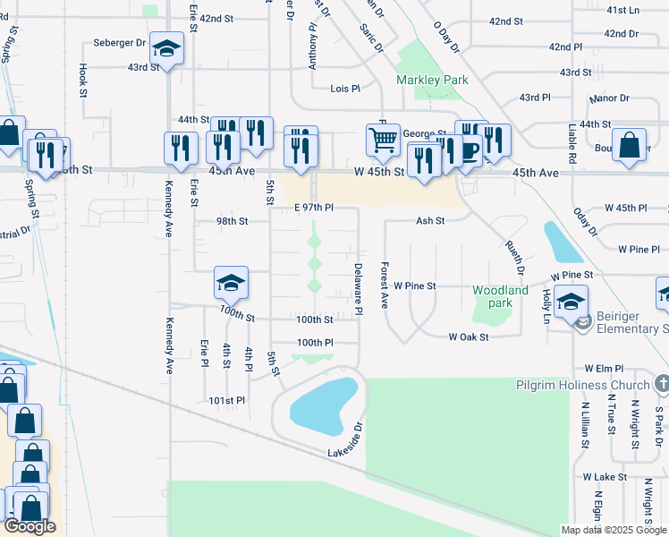 map of restaurants, bars, coffee shops, grocery stores, and more near 3128 E 47th St in Highland
