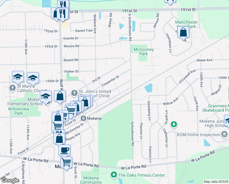map of restaurants, bars, coffee shops, grocery stores, and more near 10845 Front Street in Mokena