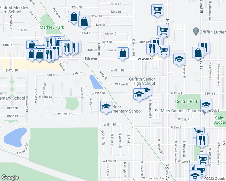 map of restaurants, bars, coffee shops, grocery stores, and more near 1010 West Pine Street in Griffith
