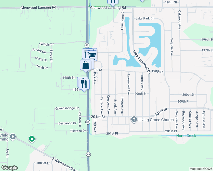 map of restaurants, bars, coffee shops, grocery stores, and more near 19904 Crescent Avenue in Lynwood