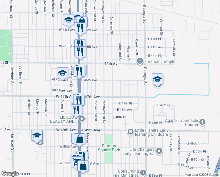 map of restaurants, bars, coffee shops, grocery stores, and more near 4668 Delaware Street in Gary