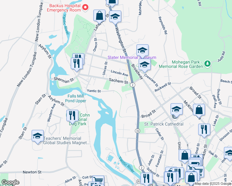 map of restaurants, bars, coffee shops, grocery stores, and more near 140 Yantic Street in Norwich