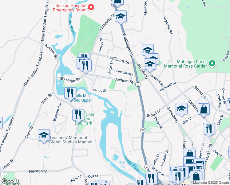 map of restaurants, bars, coffee shops, grocery stores, and more near 150 Yantic Street in Norwich
