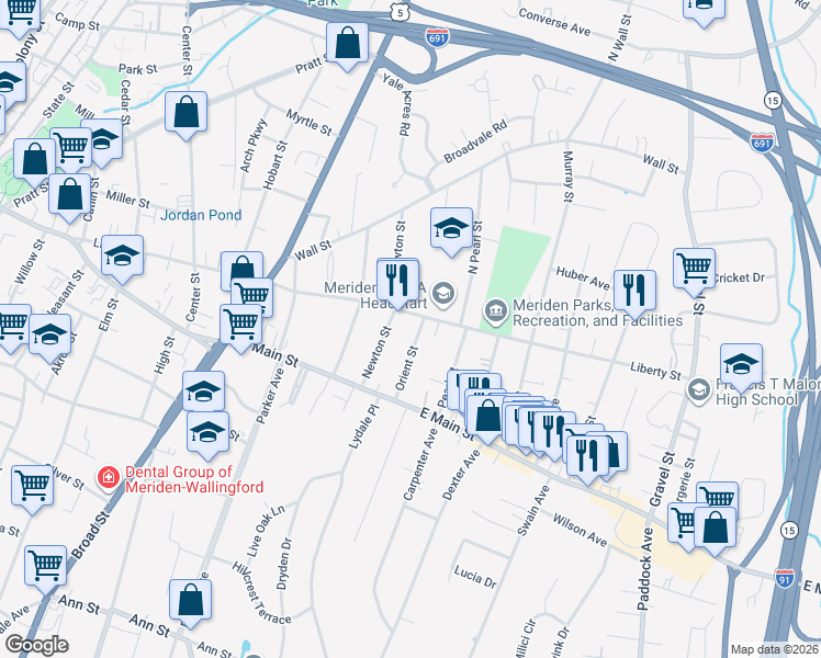 map of restaurants, bars, coffee shops, grocery stores, and more near 61 Orient Street in Meriden