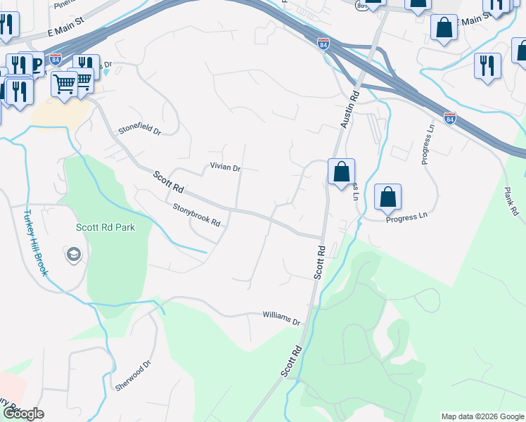 map of restaurants, bars, coffee shops, grocery stores, and more near 552 Scott Road in Waterbury