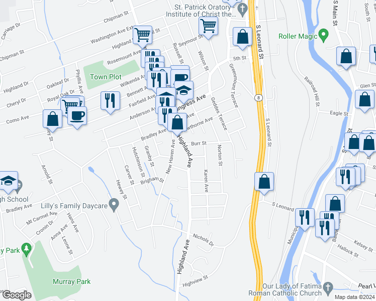 map of restaurants, bars, coffee shops, grocery stores, and more near 918 Highland Avenue in Waterbury