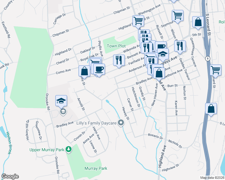 map of restaurants, bars, coffee shops, grocery stores, and more near 179 Bradley Avenue in Waterbury