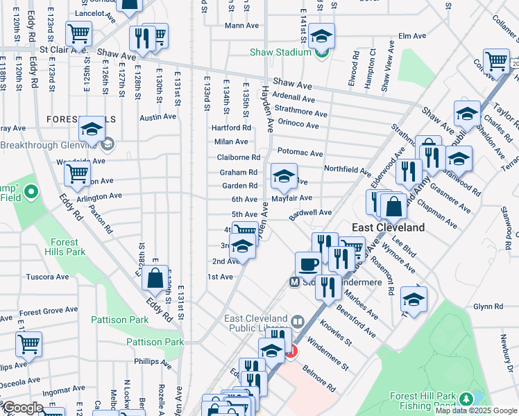 map of restaurants, bars, coffee shops, grocery stores, and more near 1507 Doan Avenue in East Cleveland
