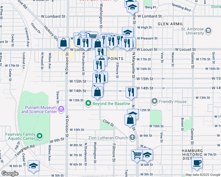map of restaurants, bars, coffee shops, grocery stores, and more near 1439 West 14th Street in Davenport