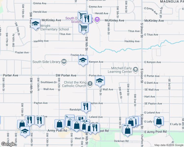 map of restaurants, bars, coffee shops, grocery stores, and more near 5601 Southwest 9th Street in Des Moines