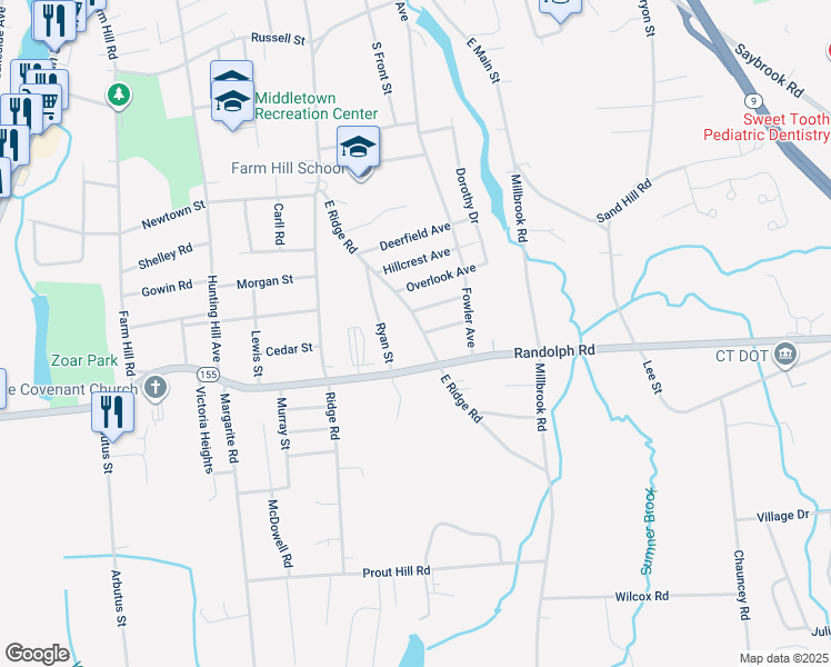 map of restaurants, bars, coffee shops, grocery stores, and more near 177 East Ridge Road in Middletown