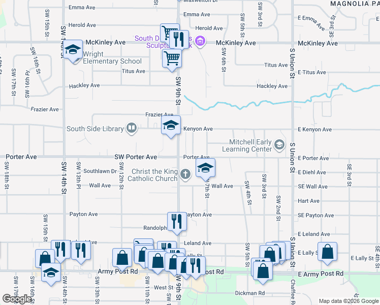 map of restaurants, bars, coffee shops, grocery stores, and more near 5601 Southwest 9th Street in Des Moines