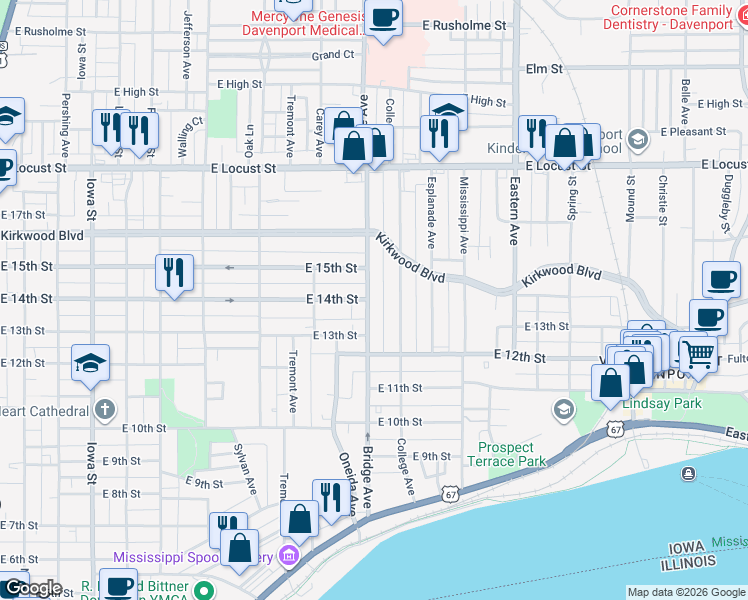 map of restaurants, bars, coffee shops, grocery stores, and more near 1339 Bridge Avenue in Davenport