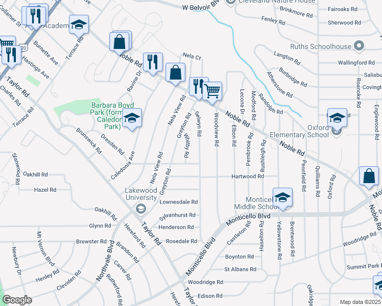 map of restaurants, bars, coffee shops, grocery stores, and more near 974 Selwyn Road in Cleveland Heights
