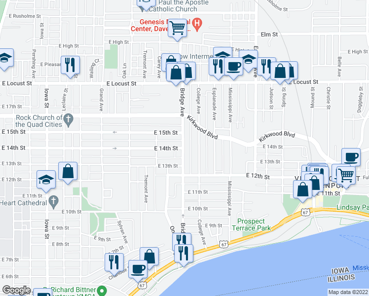 map of restaurants, bars, coffee shops, grocery stores, and more near 1341 Bridge Avenue in Davenport