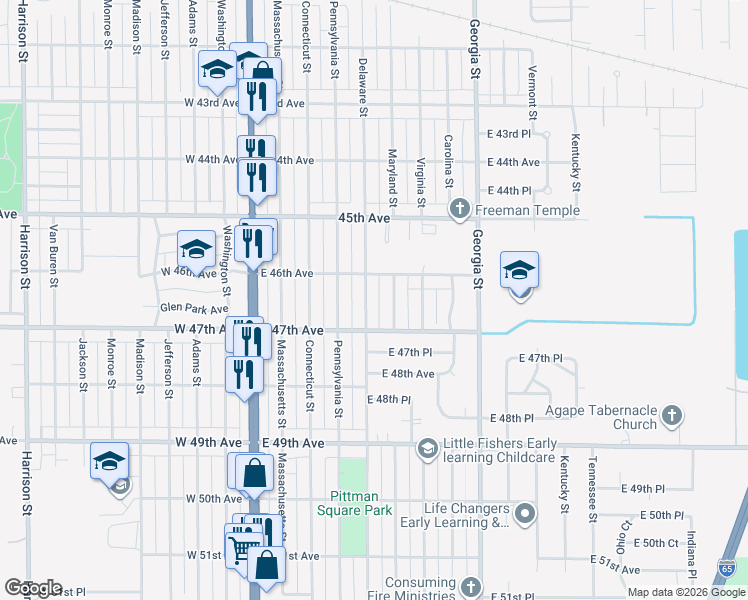 map of restaurants, bars, coffee shops, grocery stores, and more near 4668 Delaware Street in Gary