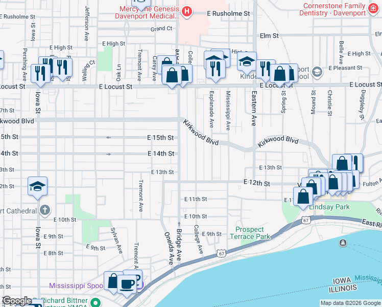 map of restaurants, bars, coffee shops, grocery stores, and more near 1310 College Ave in Davenport