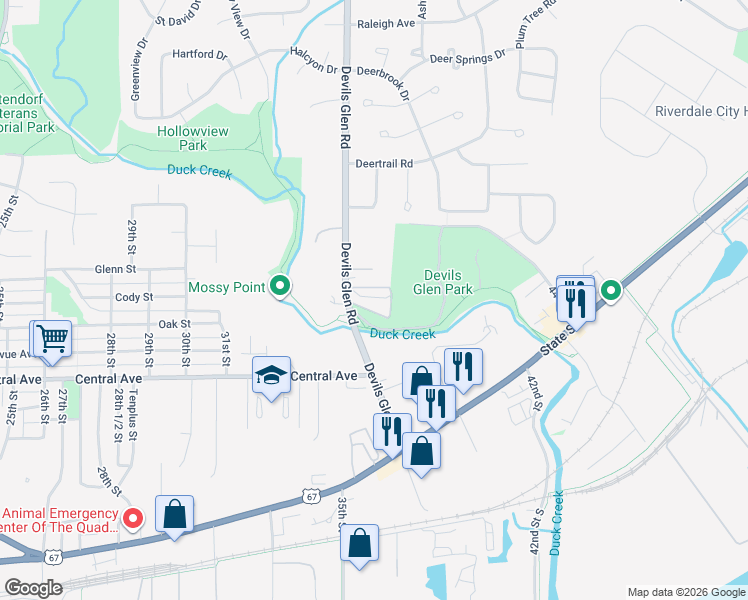 map of restaurants, bars, coffee shops, grocery stores, and more near 1301 Devils Glen Road in Bettendorf