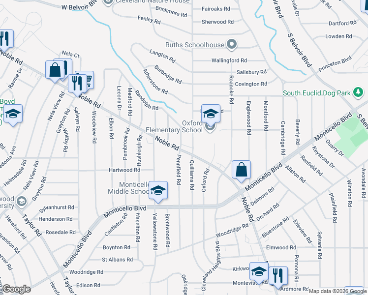 map of restaurants, bars, coffee shops, grocery stores, and more near 2461 Noble Road in Cleveland Heights