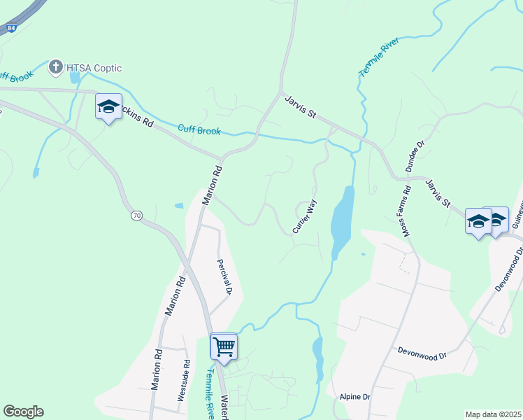 map of restaurants, bars, coffee shops, grocery stores, and more near 55 Currier Way in Cheshire