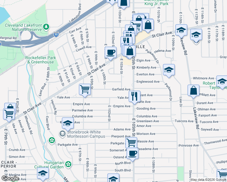 map of restaurants, bars, coffee shops, grocery stores, and more near 10116 Garfield Avenue in Cleveland