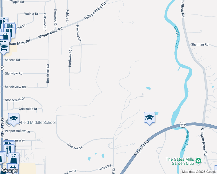 map of restaurants, bars, coffee shops, grocery stores, and more near 989 Hillcreek Lane in Gates Mills