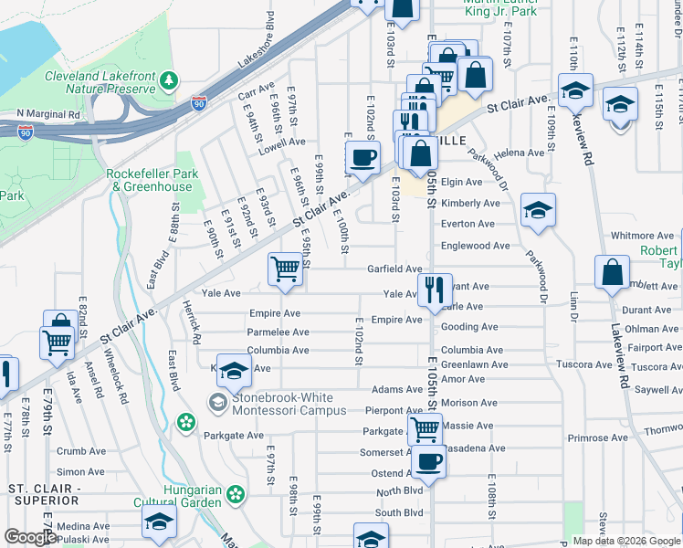 map of restaurants, bars, coffee shops, grocery stores, and more near 10003 Yale Avenue in Cleveland