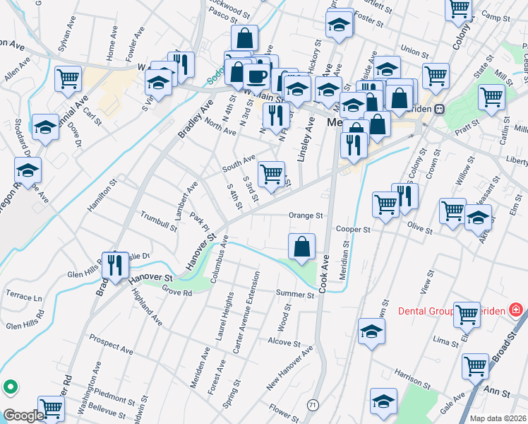 map of restaurants, bars, coffee shops, grocery stores, and more near 12 Carter Avenue in Meriden