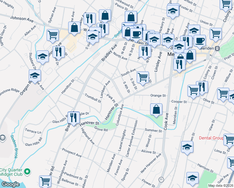 map of restaurants, bars, coffee shops, grocery stores, and more near 365 Hanover Street in Meriden