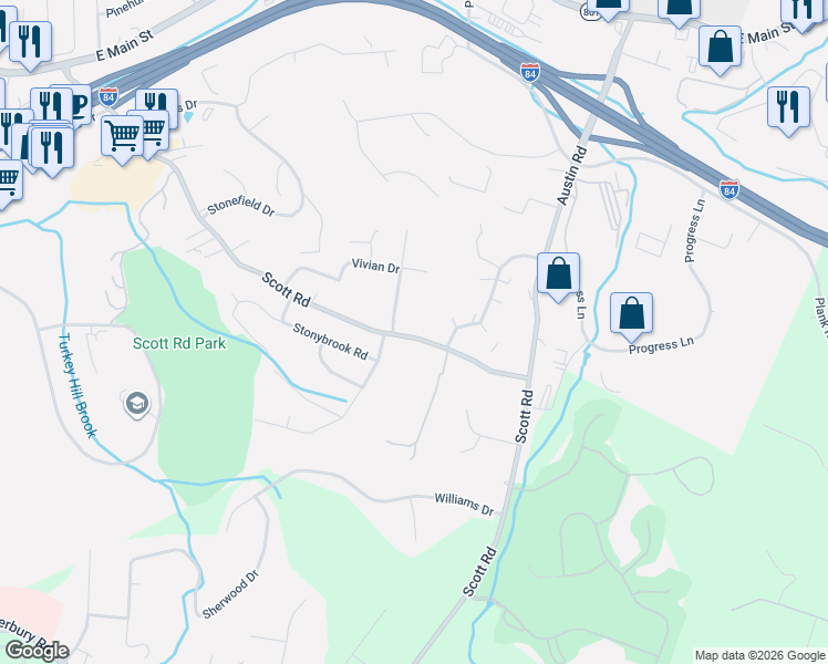 map of restaurants, bars, coffee shops, grocery stores, and more near 506 Scott Road in Waterbury