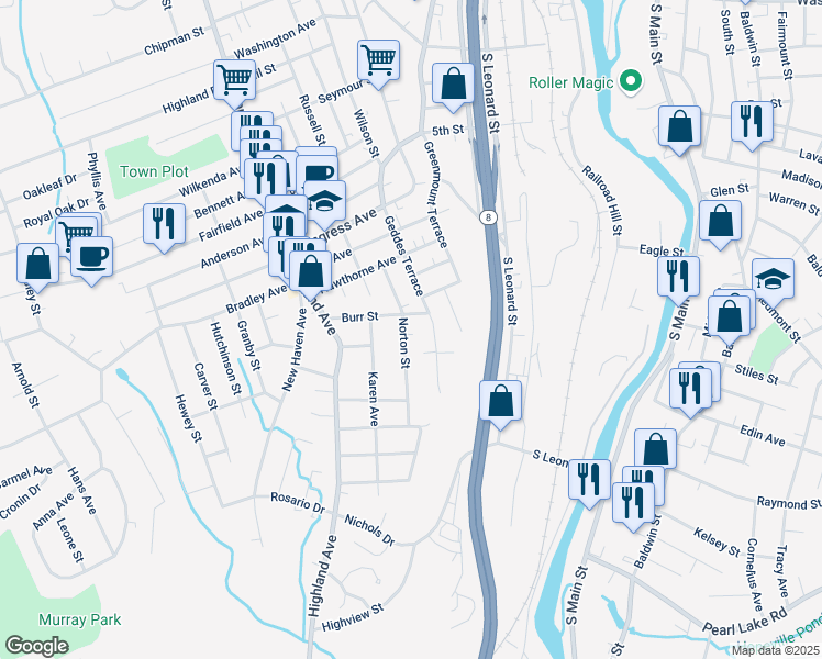 map of restaurants, bars, coffee shops, grocery stores, and more near 97 Norton Street in Waterbury