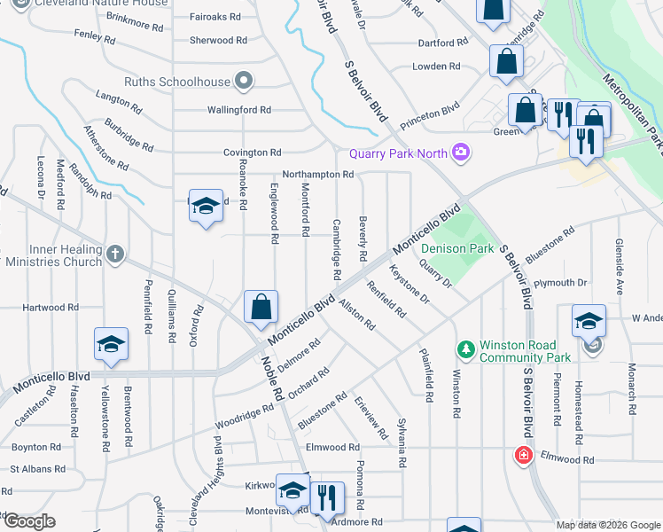 map of restaurants, bars, coffee shops, grocery stores, and more near 976 Cambridge Road in Cleveland Heights