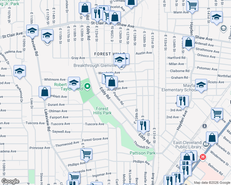 map of restaurants, bars, coffee shops, grocery stores, and more near 878 Paxton Road in Cleveland