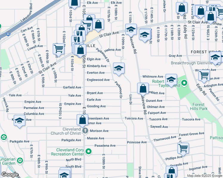 map of restaurants, bars, coffee shops, grocery stores, and more near 10800 Bryant Avenue in Cleveland