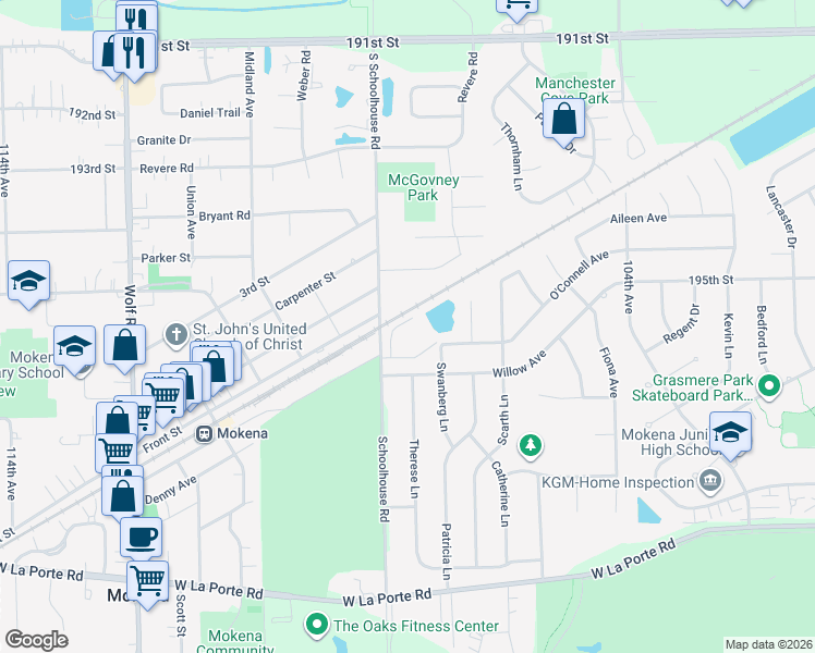 map of restaurants, bars, coffee shops, grocery stores, and more near 10741 Green Meadows Drive in Mokena