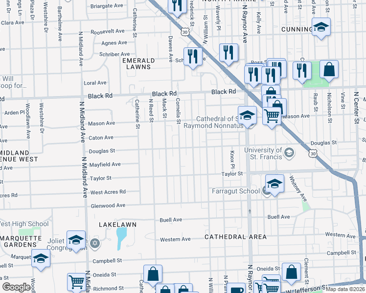 map of restaurants, bars, coffee shops, grocery stores, and more near 518 Cornelia Street in Joliet
