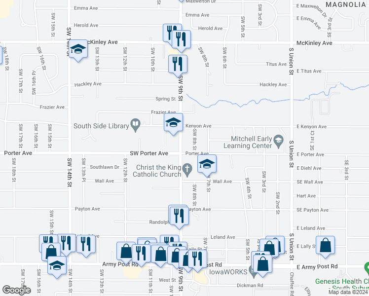 map of restaurants, bars, coffee shops, grocery stores, and more near 5601 Southwest 9th Street in Des Moines