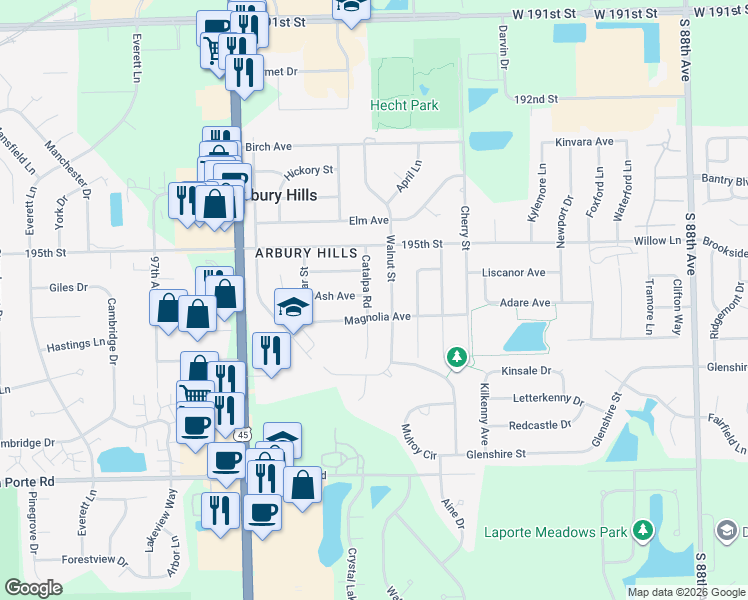 map of restaurants, bars, coffee shops, grocery stores, and more near 9329 Magnolia Avenue in Mokena