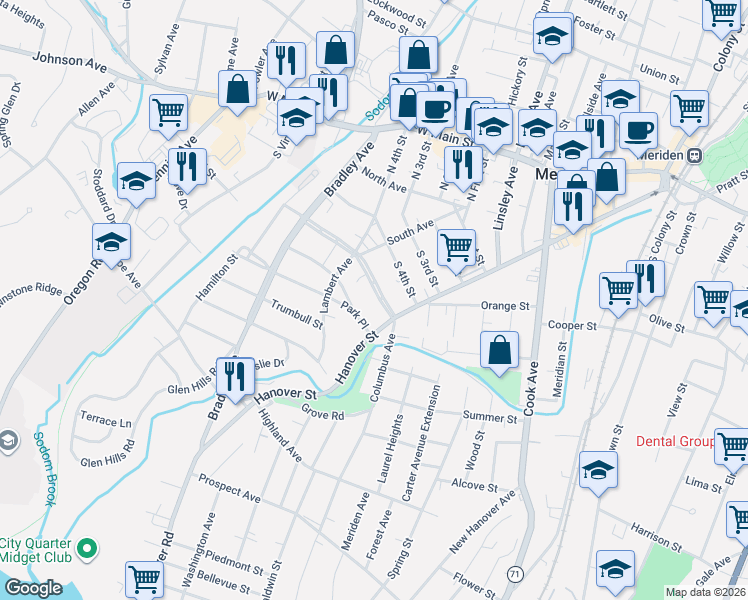 map of restaurants, bars, coffee shops, grocery stores, and more near 365 Hanover Street in Meriden