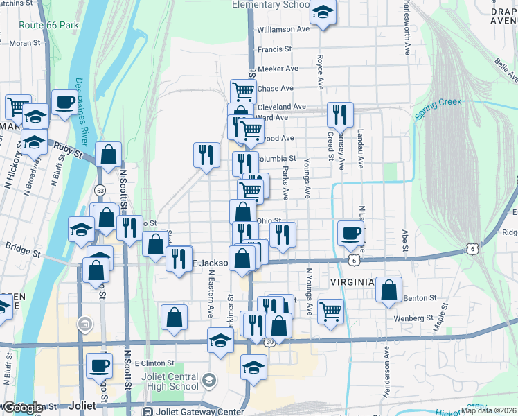 map of restaurants, bars, coffee shops, grocery stores, and more near in Joliet