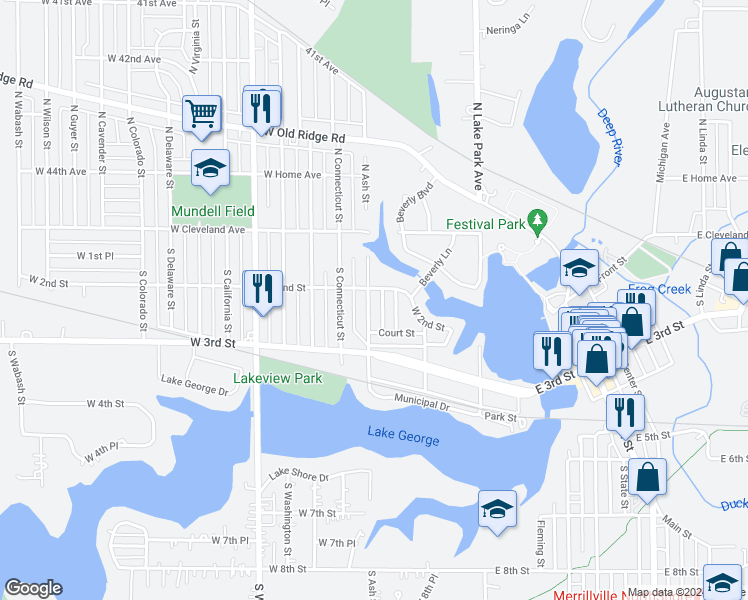 map of restaurants, bars, coffee shops, grocery stores, and more near 209 South Ash Street in Hobart