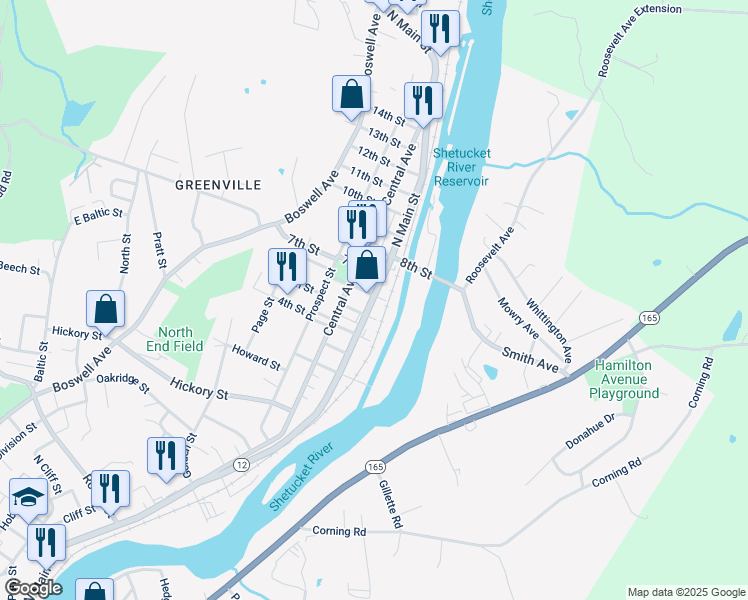 map of restaurants, bars, coffee shops, grocery stores, and more near 457 North Main Street in Norwich