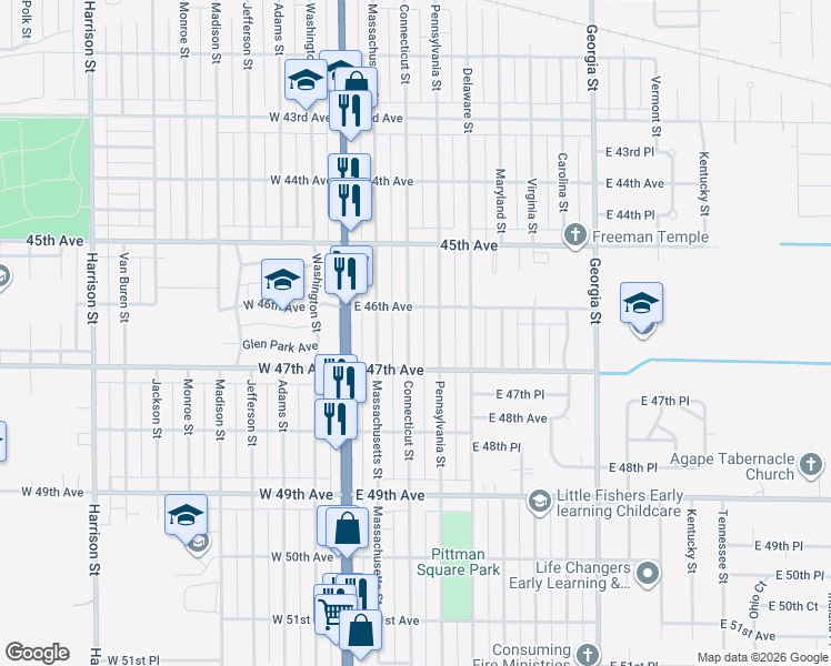 map of restaurants, bars, coffee shops, grocery stores, and more near 4668 Pennsylvania Street in Gary