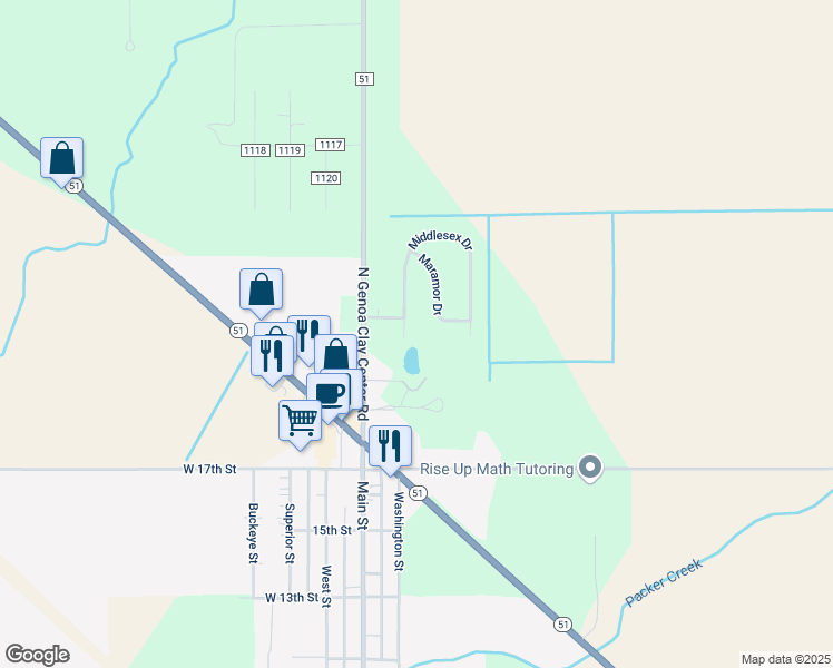 map of restaurants, bars, coffee shops, grocery stores, and more near 1243 North Genoa Clay Center Road in Genoa