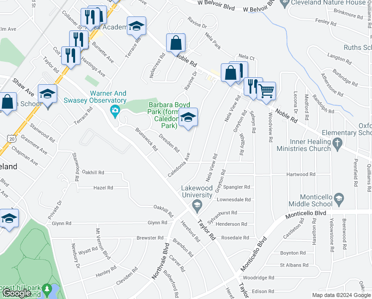 map of restaurants, bars, coffee shops, grocery stores, and more near 950 Caledonia Avenue in Cleveland Heights