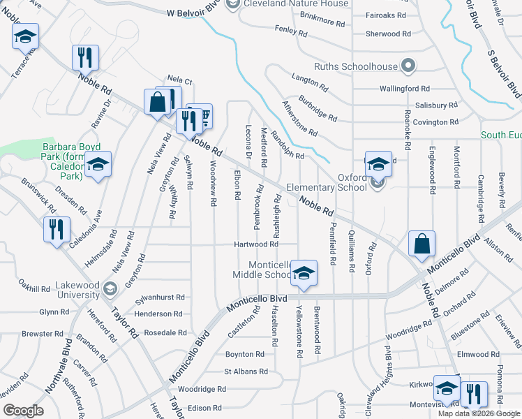 map of restaurants, bars, coffee shops, grocery stores, and more near 967 Pembrook Road in Cleveland Heights