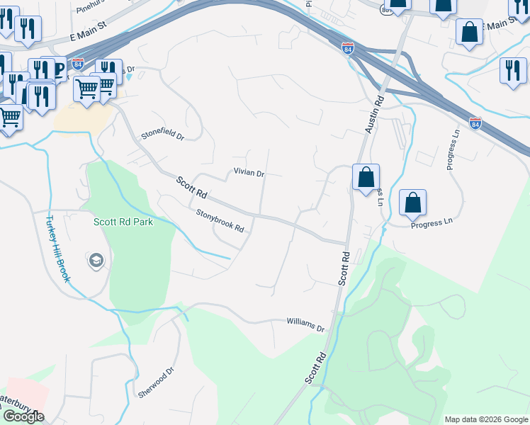 map of restaurants, bars, coffee shops, grocery stores, and more near 506 Scott Road in Waterbury