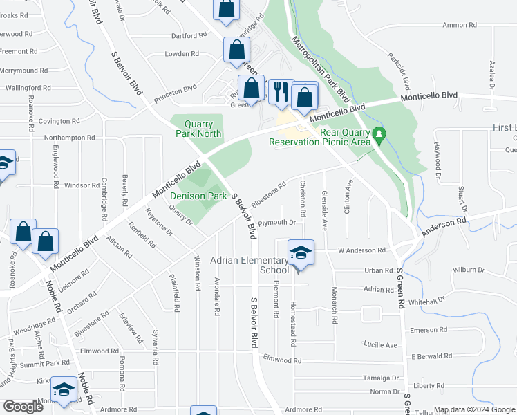map of restaurants, bars, coffee shops, grocery stores, and more near 4204 Bluestone Road in South Euclid