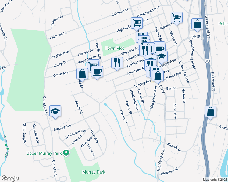 map of restaurants, bars, coffee shops, grocery stores, and more near 160 Bradley Avenue in Waterbury